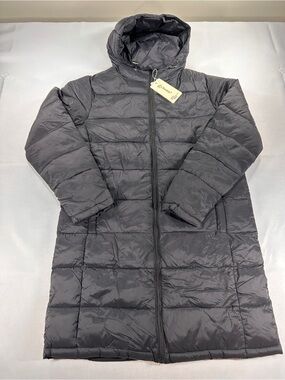 QixueHan Women’s Long Puffer Coat Black Hooded Size L NWT